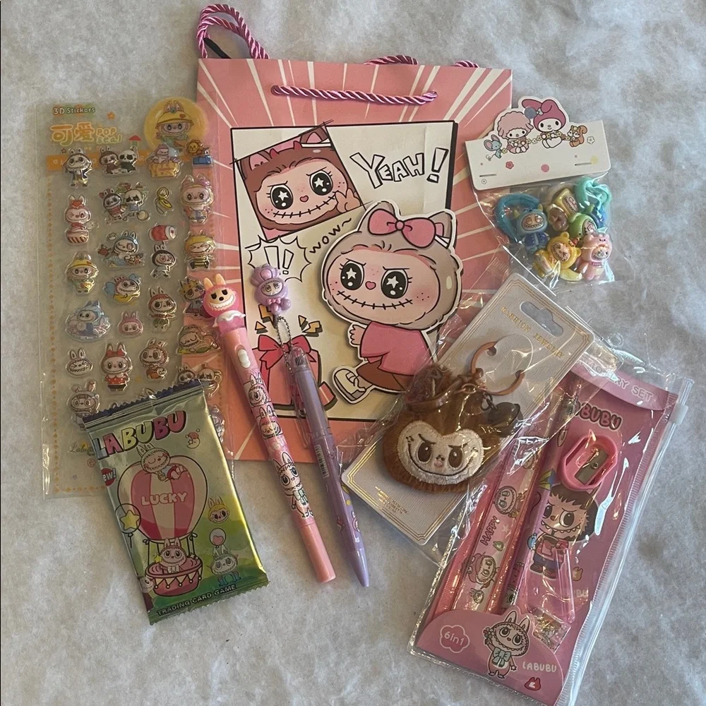 Labubu gift bundle pens hair ties key charm cards pencil set stickers gift bag